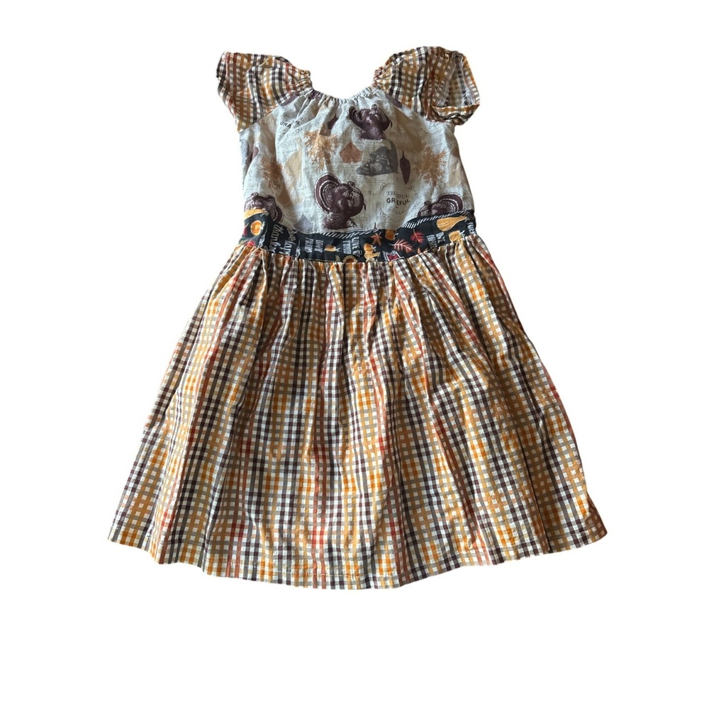Thanksgiving-Themed Handmade Girls Dress‎ Turkey Print & Plaid Short Sleeves 12